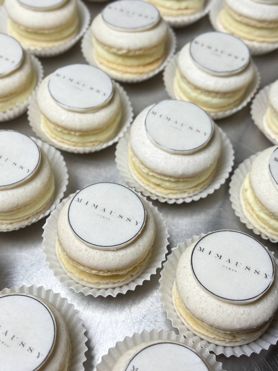 Cream Mimaussy Paris branded macarons