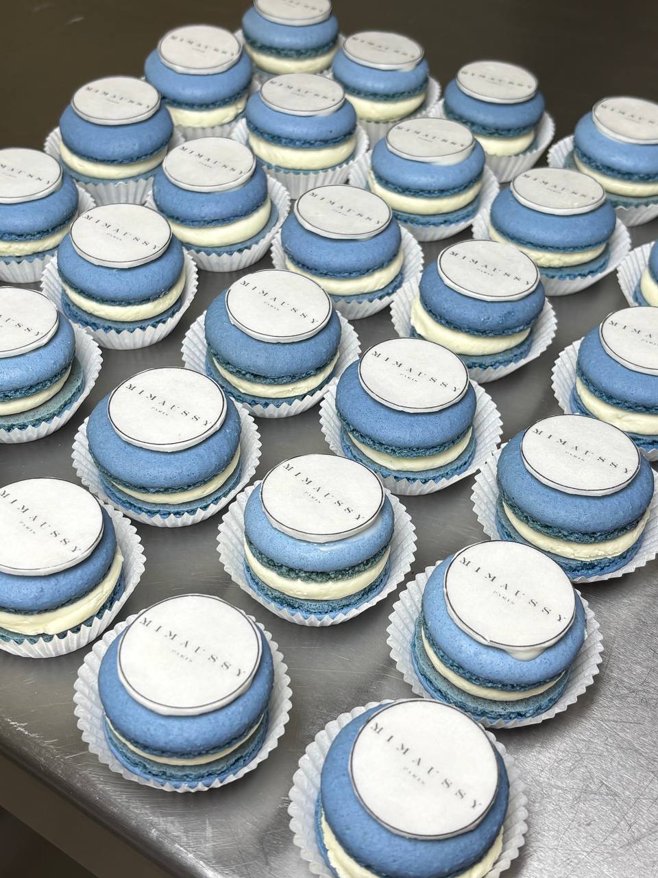 Blue Mimaussy Paris branded macarons
